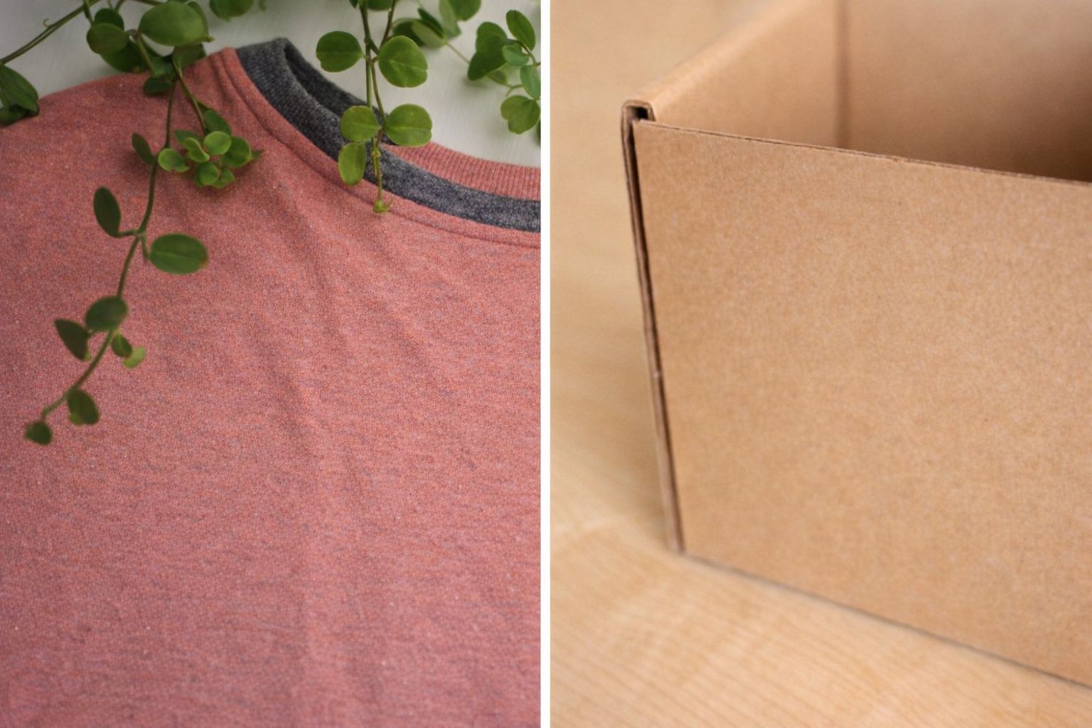 En rödmelerad t-shirt intill en öppen kartong för hållbar e-handelsfrakt.